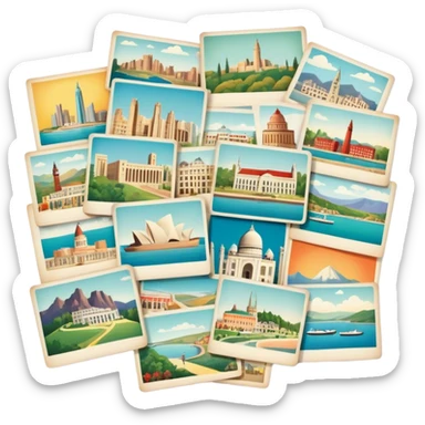 Icon for Postcard Collecting: a collection of colorful vintage postcards, featuring scenic views, landmarks, and greetings, arranged neatly in an album or on a display board. The icon should convey the charm and nostalgia of postcard collecting. Transparent background. sticker
