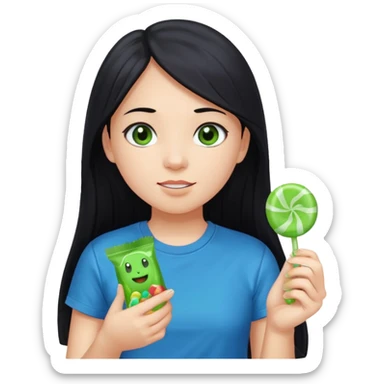 A girl with long black hair and black eyes wearing a blue t-shirt holding a piece of green hard candy in one hand and a green candy wrapper showing a guava on it in the other hand sticker
