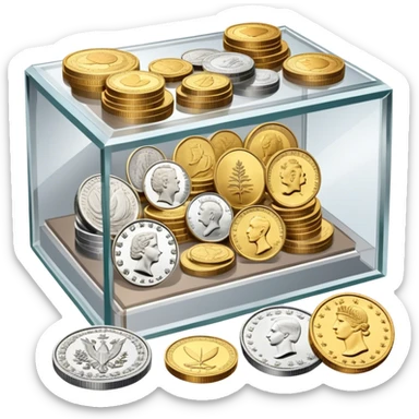 Icon for Coin Collecting: a collection of various vintage and modern coins, neatly arranged in a display case or on a table. The icon should highlight the diversity and historical value of coin collecting. Transparent background. sticker