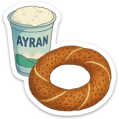 ghibli style ayran and simit together, no background sticker
