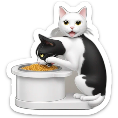 A black and white cat fighting with a pet feeder white machine sticker
