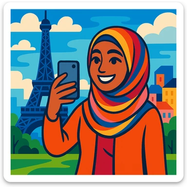 A hijabi woman taking a selfie with the Eiffel Tower behind her, smiling, wearing a colorful hijab, Paris cityscape, cheerful and modern. sticker