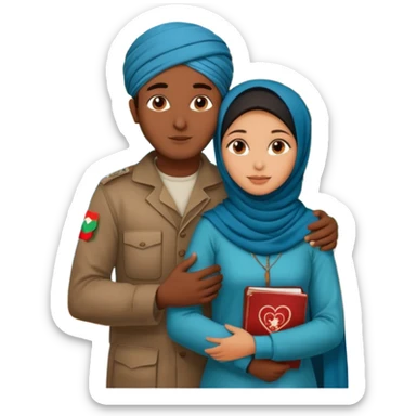 An emotional artistic illustration of an Indian man and an Afghan hijabi girl standing on the maps of India and Afghanistan, symbolically embracing despite the distance, showing love beyond borders. sticker