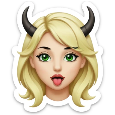 Emoji femme blonde habillée en noir cheveux blond, yeux vert avec de long cils noir qui tire la langue et à des cornes  sticker