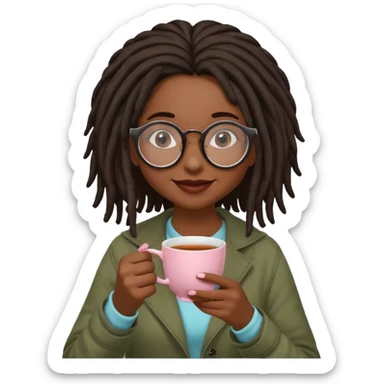 darker skin female with dark dreadlock hair wearing large round glasses sipping a cup of tea with her pinky out sticker