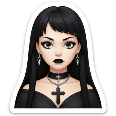 vampira parda com cabelo preto longo e liso e franja, olhos pretos, brincos em formato de cruz, choker em formato de cruz, roupa preta com decote nos seios, batom preto e séria sticker
