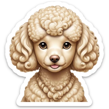 Cinematic Noble Cream Poodle Portrait Emoji, Poised and regal, with a refined, elegant build and a meticulously groomed, curly cream Fur, deep-set soulful warm eyes, Simplified yet sharp and sophisticated features, highly detailed, glowing with a soft, dignified glow, high shine, intelligent and graceful, stylized with an air of sophistication, focused and attentive, soft glowing outline, capturing the essence of a watchful and confident companion, so majestic it feels as though it could prance out of the screen with effortless authority! sticker