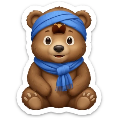large serious-looking brown bear sitting wearing blue scarf smiling sticker