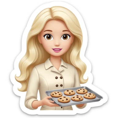 A white Barbie girl with long dark brown wave hair in a cream clothes holds a Baking tray with cookies sticker