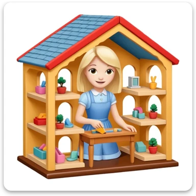 smiling girl arranging furniture in doll house sticker