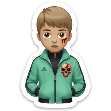 Crie um emoji de um menino com o cabelo castanho claro com uma franja reta e o corte low fade zumbi casaco de gola alta da adidas sticker