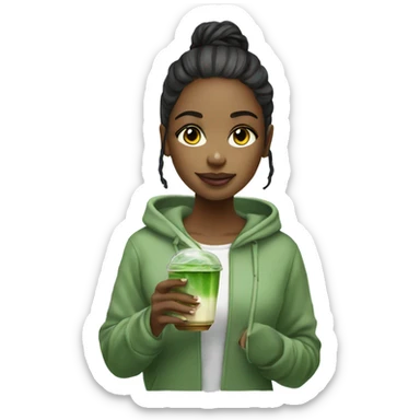 Beautiful girl wearing hoodie ,holding glass cup of iced matcha  sticker