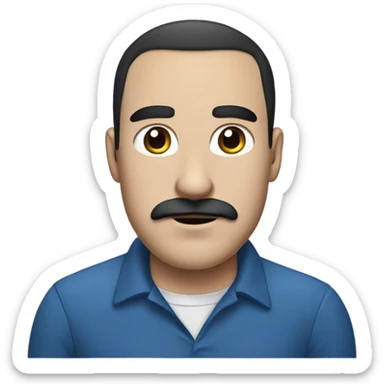 Guy with black balding hair, black mustache and thick black eyebrows with a blue shirt and dark blue collar sticker