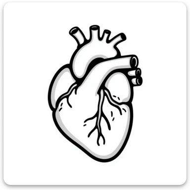 A heart drawn with hand-drawn lines, anatomical heart with chambers and arteries, medical diagram style with detailed internal structure sticker
