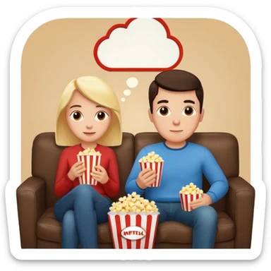 Crea un emoji dove un uomo e una donna mangiano i pop corn su un divano e guardano la tv, nella tv ci deve essere scritto netflix sticker
