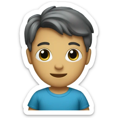 A boy with a curtain and a blue T-shirt sticker