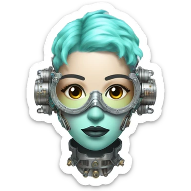 Pastel aqua hair female cyborg head with silver steampunk goggles, goatee and circuits sticker
