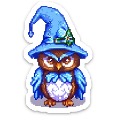 owl wearing a blue wizard hat pixel art sticker