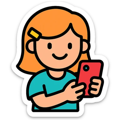 a girl holding a smartphone, smiling sticker