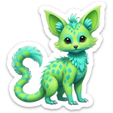 Feral Rare Fantasy vibrant tropical exotic neon-lime green and cyan Vernid-Trico-species-creature by LiLaiRa, random markings, tufted tail, tufted ears, full body sticker