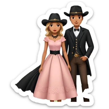 couple in front of Eiffel Tower, man in black cowboy hat, woman in elegant Parisian style dress without hat, pink flowers around and Eiffel Tower in the background  sticker