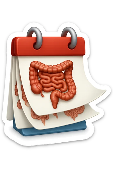 emoji stile iphone di un calendario con fogli che volano insieme, sui fogli ci sono disegnati degli intestini anatomici, iperrealistico 4k, isolato su sfondo bianco sticker