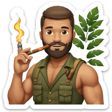 brauny vested bearded jungle commando smoking a cigar with a grin sticker