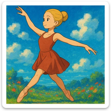 Add a vibrant, colorful background behind Dana Dawson in a dance pose, keep the original ghibli style sticker