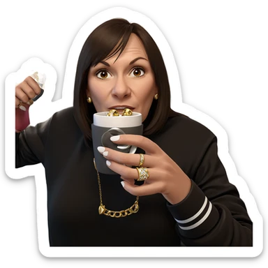 girl holding jewelry and cup sticker