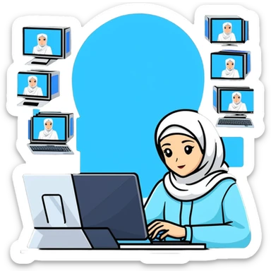 computer engineer with white hijab wearing blue clothes, working with multiple holographic screens showing digital world, virtual interfaces, metaverse elements sticker