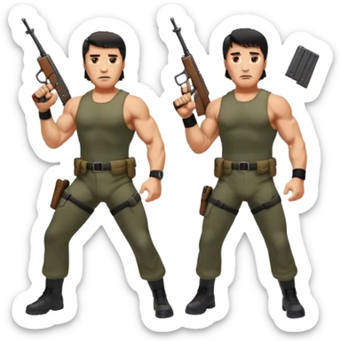 Icon for Action Movies: Arnold Schwarzenegger as John Matrix in Commando and Sylvester Stallone as John Rambo in Rambo, both in iconic action poses with weapons, intense expressions, and explosive backgrounds. Powerful and dynamic with dramatic lighting. Transparent background. sticker