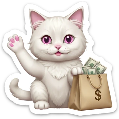 the white color ragdoll cat waves its paw and holds a bag of money sticker