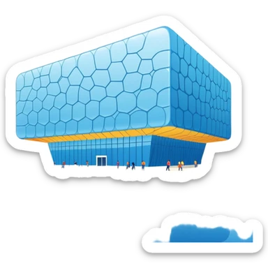 Beijing Water Cube National Aquatics Center blue bubbled building, simplified emoji style with bold outlines and bright colors, cartoon style modern structure sticker
