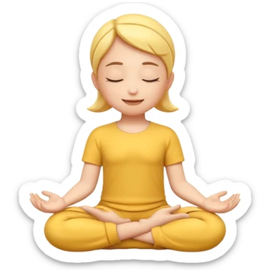 A 3D Apple-style yellow round emoji sitting in a lotus position, eyes gently closed, calm and peaceful smile, hands resting on knees with palms facing upward, relaxed eyebrows, soft glow around the emoji to symbolize inner peace, clean minimal background. sticker