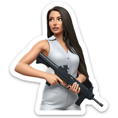 girl in formal attire with gun sticker