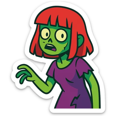 vibrant toon style zombie girl with red hair and bangs sticker