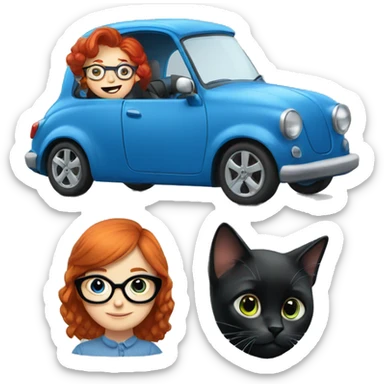 Redhead girl with glasses driving blue car  two black cats  sticker