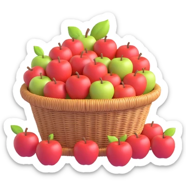3D round light brown wicker basket overflowing with apples, no text sticker