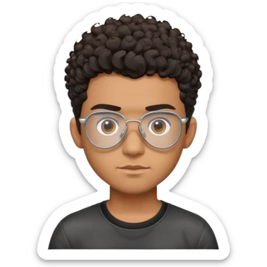 Young Latino with big forehead, metal-framed aviator glasses, very short curly dark hair on top with shaved sides, neutral expression, brown skin, black t-shirt sticker