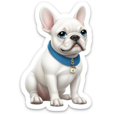 White French bulldog with blue eyes holding a Chanel purse sticker