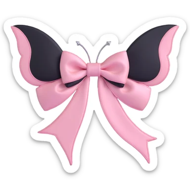 3D emoji style pink bow with gothic effect, blush pink satin, black rose embroidery, and silver bat wing charm sticker