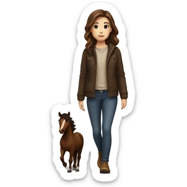 Brown haired girl walking with a Little dark brown Horse by her side sticker