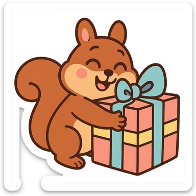 squirrel hugging a big gift box with bow, pastel-toon style sticker