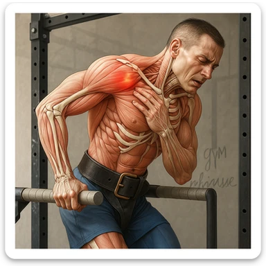 Hyperrealistic 4K anatomical illustration of a man performing a dip on parallel bars in a lateral position as in the reference image. Expression of discomfort, hand approaching the painful shoulder. Muscles and bones highlighted, painful area marked in red, gym atmosphere. Variant 3. sticker