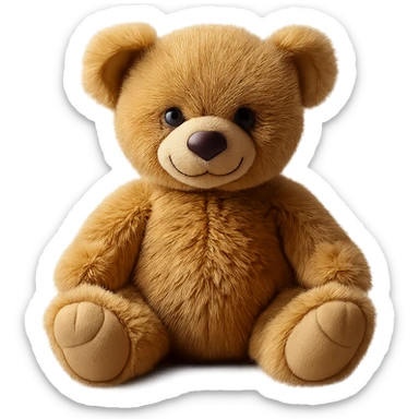 Isolate the realistic teddy bear in sitting pose with soft lighting on a transparent background, removing all other background elements. sticker