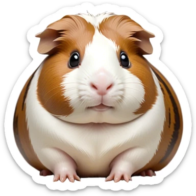 Cinematic Noble Brown and White Banded Guinea Pig Portrait Emoji, Poised and regal, with a compact, chubby build and a uniquely patterned coat of warm brown and crisp white banding, deep-set soulful dark eyes, Simplified yet sharp and sophisticated features, highly detailed, glowing with a soft, dignified glow, high shine, intelligent and charming, stylized with an air of distinctive elegance, focused and attentive, soft glowing outline, capturing the essence of a watchful and confident companion, so majestic it feels as though it could scurry out of the screen with effortless authority! sticker