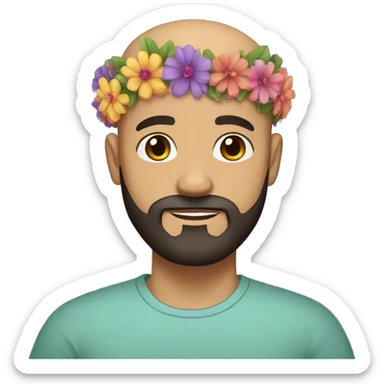 bald man with black beard and brown eyes and light skin with a colorful flowercrown on his head sticker