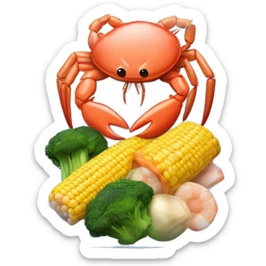 3D emoji-style illustration of a seafood boil wrapped in a clear plastic bag, featuring crab legs, corn on the cob, broccoli, potato, and shrimp. sticker