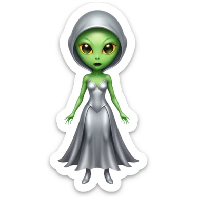 Green Alien woman in silver dress, full figure, yellow eyes sticker