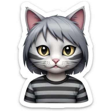 emo kitty with side-swept bangs, striped shirt, moody pose sticker